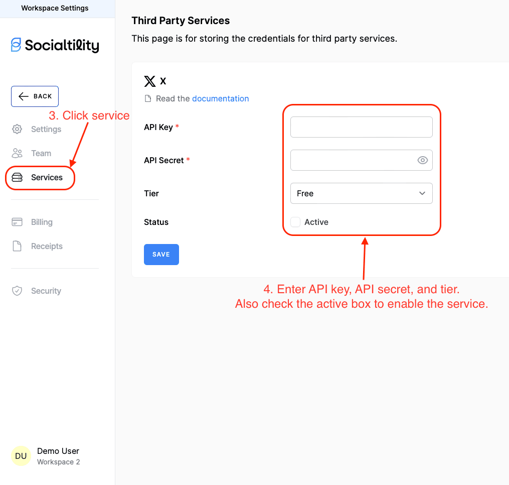 Steps 3-6: Enter API Key, Secret, Tier, check status, and save